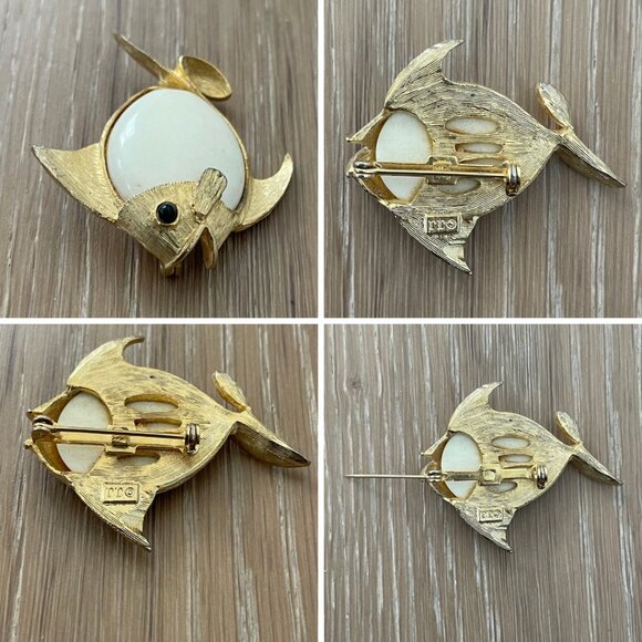 Vintage J.J. Brooch Fish Jonette Jewelry Company Gold tone Cream Signed Jewelry - Picture 6 of 9
